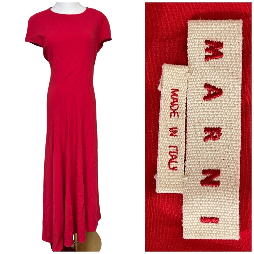 Marni Maxi Dress Women 42 Red Asymmetrical Seam Cap Sleeve Made in‎ Italy
